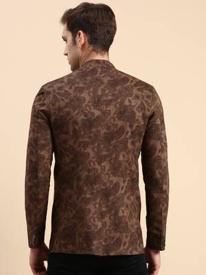 SHOWOFF Men's Printed Mandarin Collar Slim Fit Bandhgala Brown Blazer 4