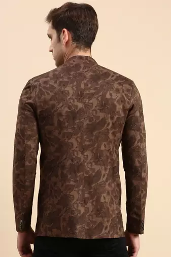 SHOWOFF Men's Printed Mandarin Collar Slim Fit Bandhgala Brown Blazer