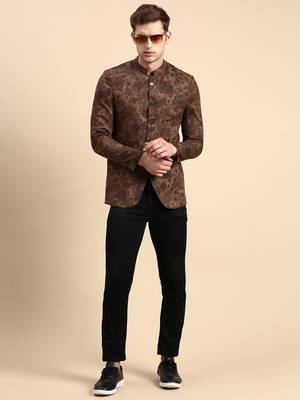SHOWOFF Men's Printed Mandarin Collar Slim Fit Bandhgala Brown Blazer 5