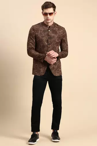 SHOWOFF Men's Printed Mandarin Collar Slim Fit Bandhgala Brown Blazer