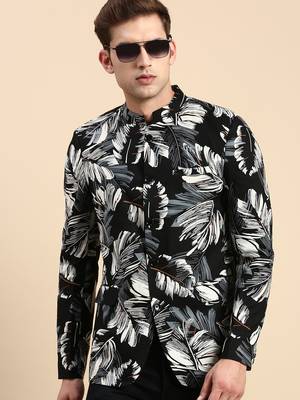 Men's Printed Mandarin Collar Slim Fit Bandhgala Black Blazer 1