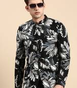 Men's Printed Mandarin Collar Slim Fit Bandhgala Black Blazer