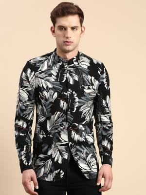 Men's Printed Mandarin Collar Slim Fit Bandhgala Black Blazer 2