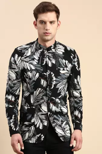 Men's Printed Mandarin Collar Slim Fit Bandhgala Black Blazer