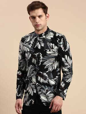 Men's Printed Mandarin Collar Slim Fit Bandhgala Black Blazer 3