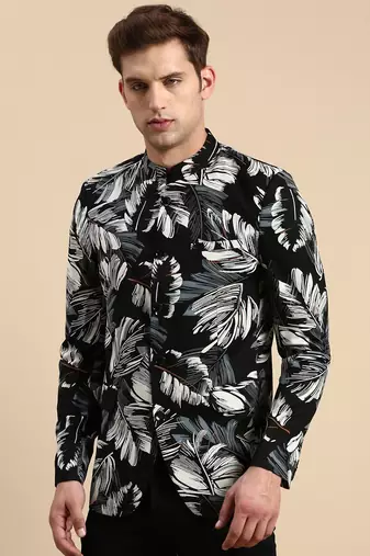 Men's Printed Mandarin Collar Slim Fit Bandhgala Black Blazer