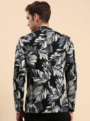 Men's Printed Mandarin Collar Slim Fit Bandhgala Black Blazer 4