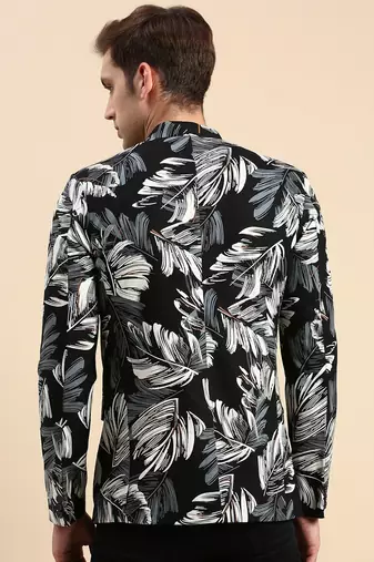 Men's Printed Mandarin Collar Slim Fit Bandhgala Black Blazer