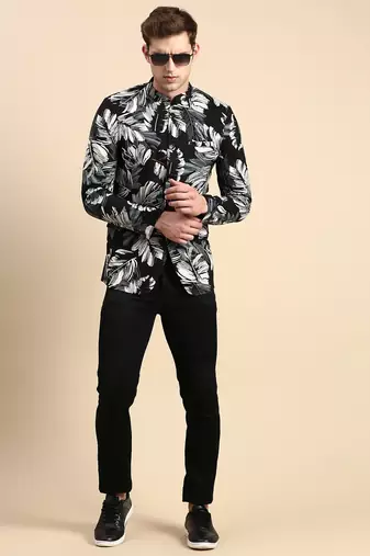 Men's Printed Mandarin Collar Slim Fit Bandhgala Black Blazer