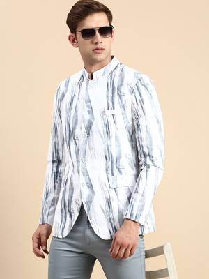Men's Printed Mandarin Collar Slim Fit Bandhgala White Blazer 1