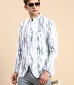 Men's Printed Mandarin Collar Slim Fit Bandhgala White Blazer