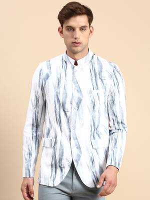 Men's Printed Mandarin Collar Slim Fit Bandhgala White Blazer 2