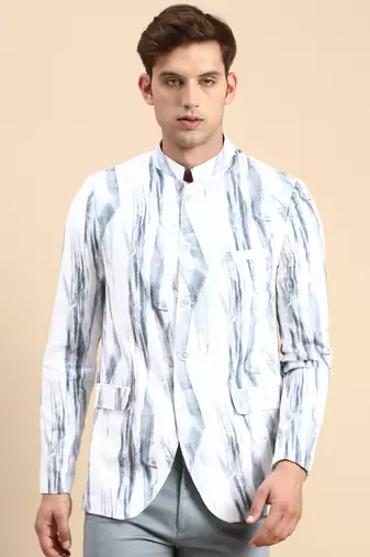 Men's Printed Mandarin Collar Slim Fit Bandhgala White Blazer