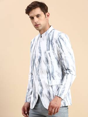 Men's Printed Mandarin Collar Slim Fit Bandhgala White Blazer 3