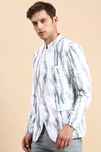 Men's Printed Mandarin Collar Slim Fit Bandhgala White Blazer
