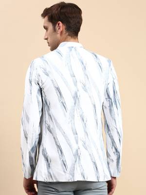 Men's Printed Mandarin Collar Slim Fit Bandhgala White Blazer 4