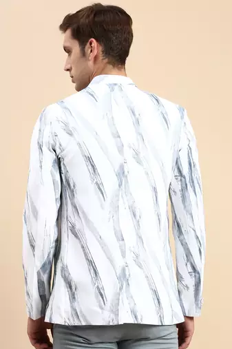 Men's Printed Mandarin Collar Slim Fit Bandhgala White Blazer