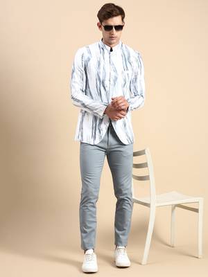 Men's Printed Mandarin Collar Slim Fit Bandhgala White Blazer 5