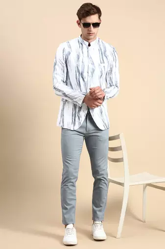 Men's Printed Mandarin Collar Slim Fit Bandhgala White Blazer