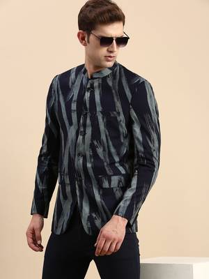 Men's Printed Mandarin Collar Slim Fit Bandhgala Navy Blue Blazer 1