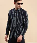 Men's Printed Mandarin Collar Slim Fit Bandhgala Navy Blue Blazer
