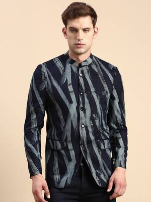 Men's Printed Mandarin Collar Slim Fit Bandhgala Navy Blue Blazer 2