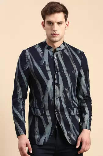 Men's Printed Mandarin Collar Slim Fit Bandhgala Navy Blue Blazer