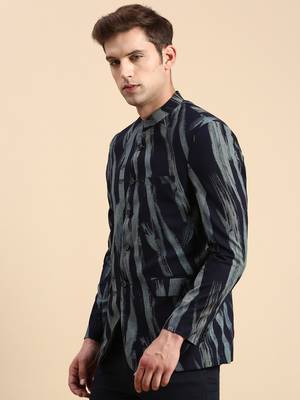 Men's Printed Mandarin Collar Slim Fit Bandhgala Navy Blue Blazer 3
