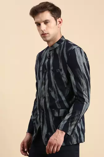 Men's Printed Mandarin Collar Slim Fit Bandhgala Navy Blue Blazer