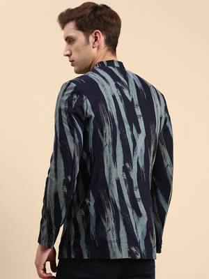 Men's Printed Mandarin Collar Slim Fit Bandhgala Navy Blue Blazer 4