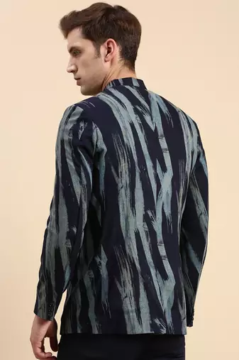 Men's Printed Mandarin Collar Slim Fit Bandhgala Navy Blue Blazer
