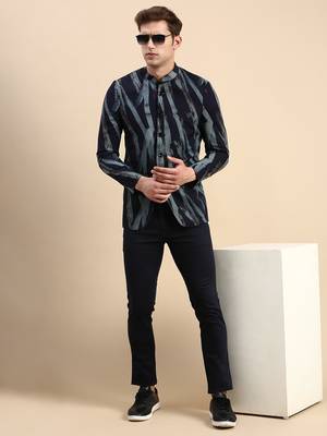Men's Printed Mandarin Collar Slim Fit Bandhgala Navy Blue Blazer 5