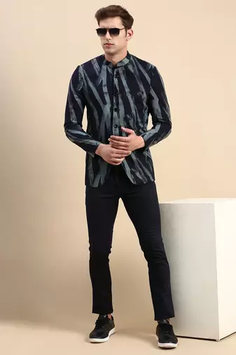 Men's Printed Mandarin Collar Slim Fit Bandhgala Navy Blue Blazer