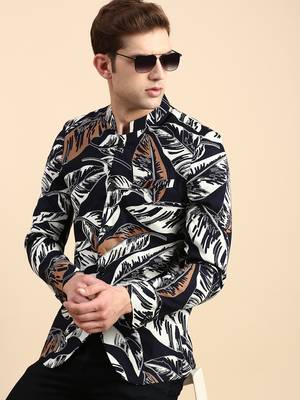 SHOWOFF Men's Printed Mandarin Collar Slim Fit Bandhgala Navy Blue Blazer 1
