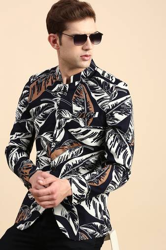 SHOWOFF Men's Printed Mandarin Collar Slim Fit Bandhgala Navy Blue Blazer