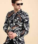 SHOWOFF Men's Printed Mandarin Collar Slim Fit Bandhgala Navy Blue Blazer