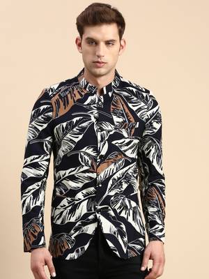 SHOWOFF Men's Printed Mandarin Collar Slim Fit Bandhgala Navy Blue Blazer 2