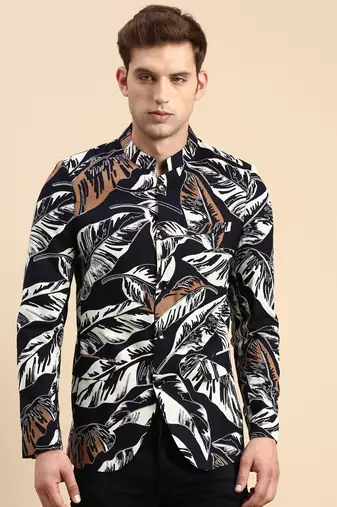 SHOWOFF Men's Printed Mandarin Collar Slim Fit Bandhgala Navy Blue Blazer