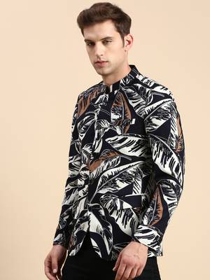 SHOWOFF Men's Printed Mandarin Collar Slim Fit Bandhgala Navy Blue Blazer 3