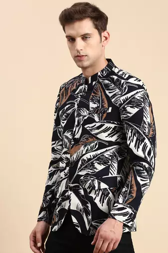 SHOWOFF Men's Printed Mandarin Collar Slim Fit Bandhgala Navy Blue Blazer