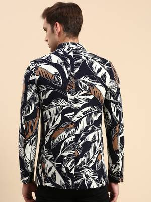 SHOWOFF Men's Printed Mandarin Collar Slim Fit Bandhgala Navy Blue Blazer 4