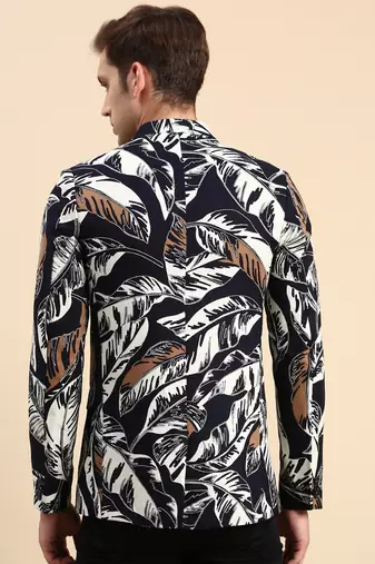 SHOWOFF Men's Printed Mandarin Collar Slim Fit Bandhgala Navy Blue Blazer