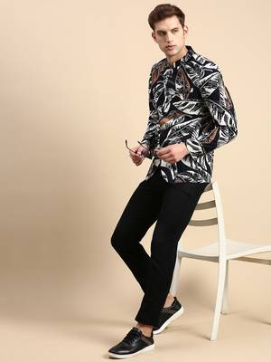 SHOWOFF Men's Printed Mandarin Collar Slim Fit Bandhgala Navy Blue Blazer 5