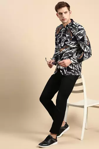 SHOWOFF Men's Printed Mandarin Collar Slim Fit Bandhgala Navy Blue Blazer