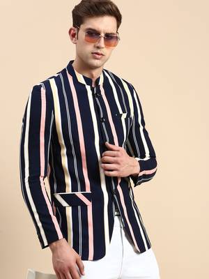men's striped mandarin collar slim fit bandhgala multicolour blazer 1