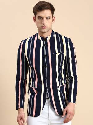 men's striped mandarin collar slim fit bandhgala multicolour blazer 2