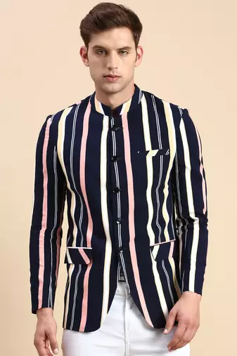 men's striped mandarin collar slim fit bandhgala multicolour blazer