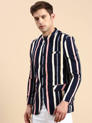 men's striped mandarin collar slim fit bandhgala multicolour blazer 3