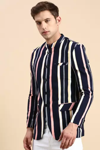 men's striped mandarin collar slim fit bandhgala multicolour blazer