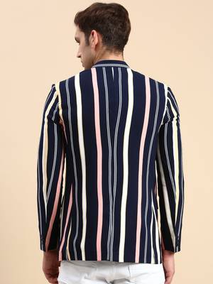 men's striped mandarin collar slim fit bandhgala multicolour blazer 4